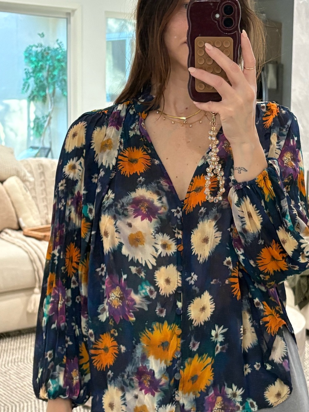 By Anthropologie Navy Floral Pom Pom Puff Sleeve Button Blouse XS.